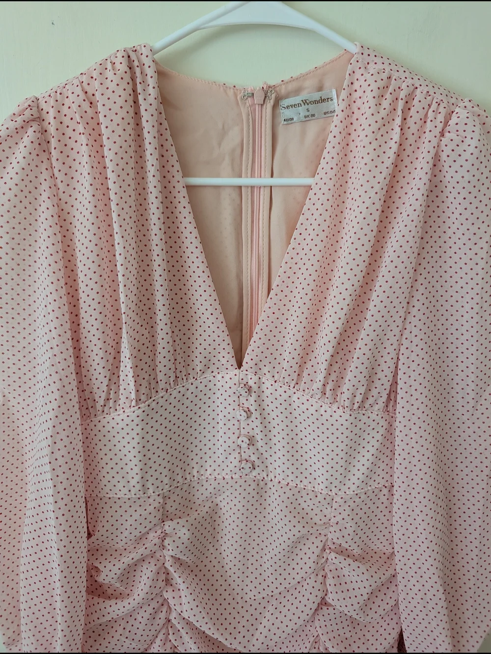 Seven Wonders Womens 4 Ruched Polka Dot Pink Mini Dress Coquette Cottage Party